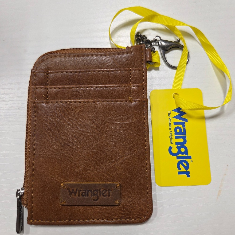 Wrangler Brown Faux Leather Card Holder Wallet Keychain Western W Stitch New